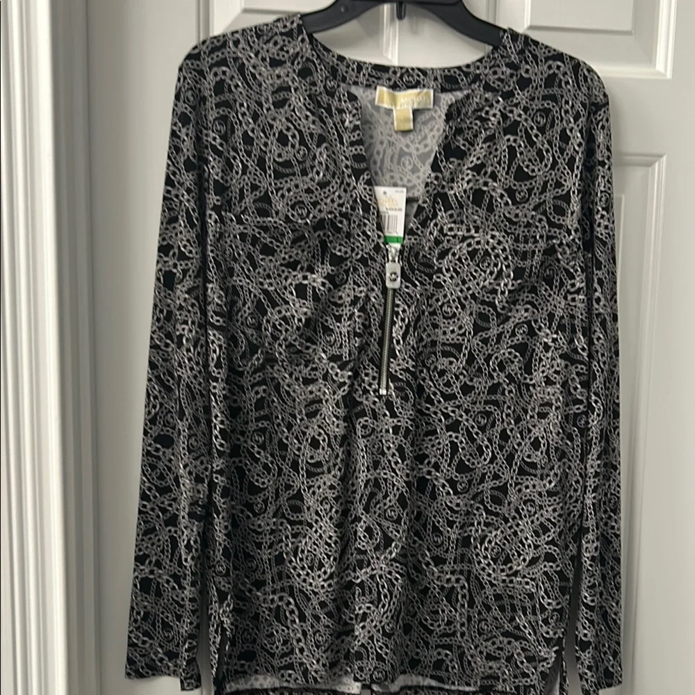 MICHAEL Michael Kors Graphic Black and Gray Blouse with Mandarin Collar - Picture 1 of 4
